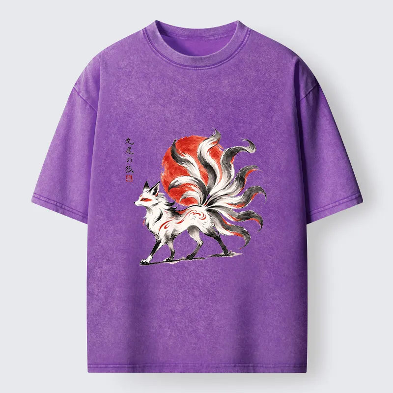 Tokyo-Tiger Nine-Tailed Fox Ink Art Washed T-Shirt