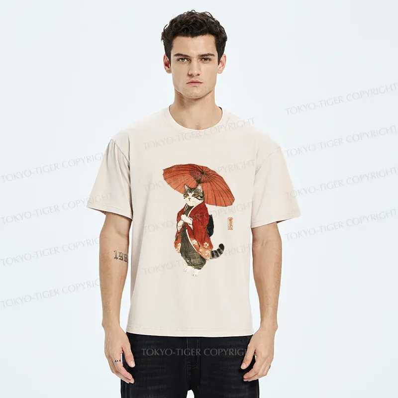 Tokyo-Tiger Elegant Cat Holding Umbrella Washed T-Shirt