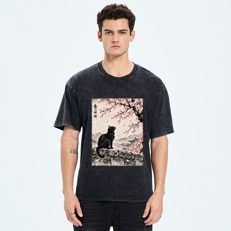 Tokyo-Tiger Spring Black Cat Art Washed T-Shirt