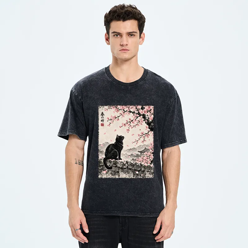 Tokyo-Tiger Spring Black Cat Art Washed T-Shirt