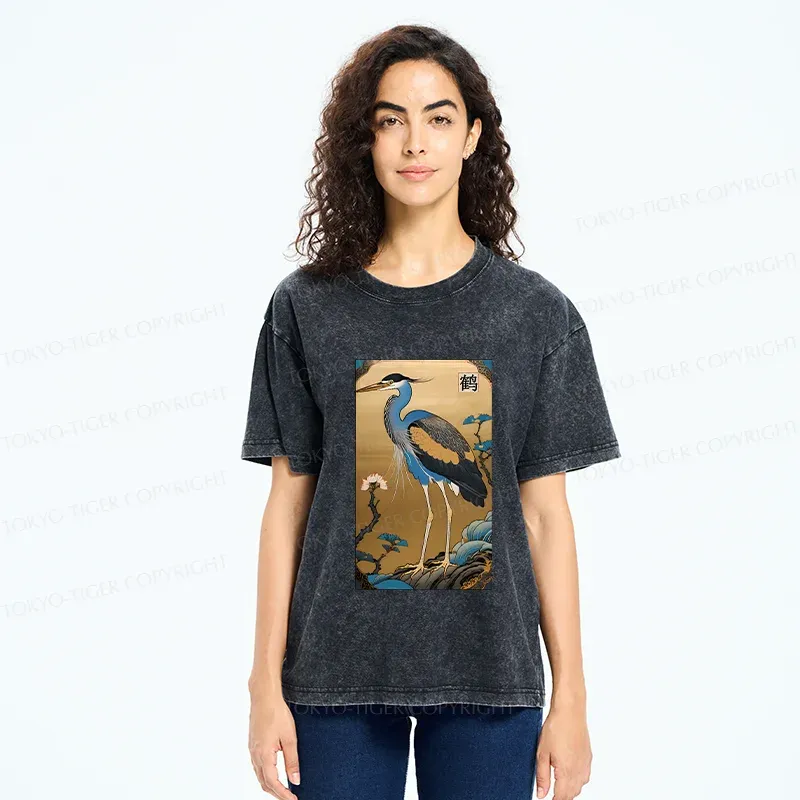Tokyo-Tiger Ukiyo-e Japanese Cranes Washed T-Shirt