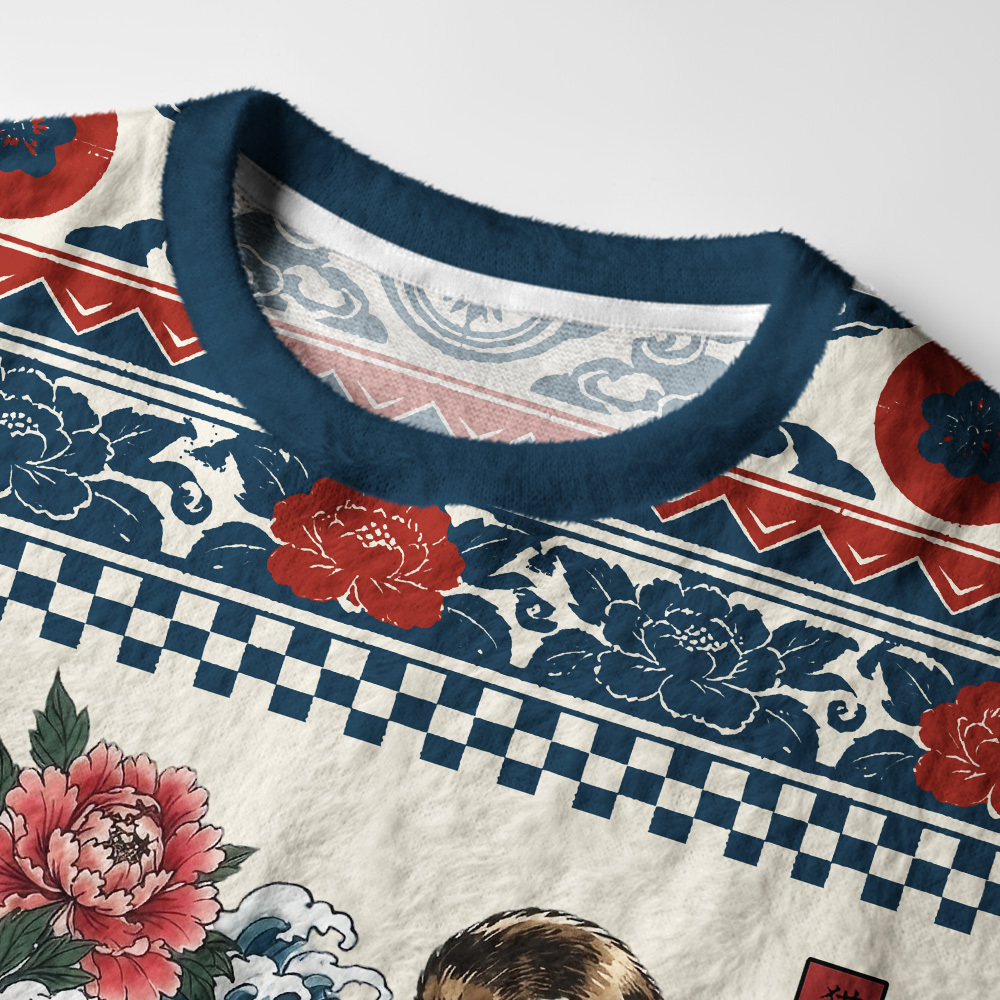 Tokyo-Tiger Ukiyo Style Cat Fighting Octopus Fuzzy Christmas Ugly Sweatshirt