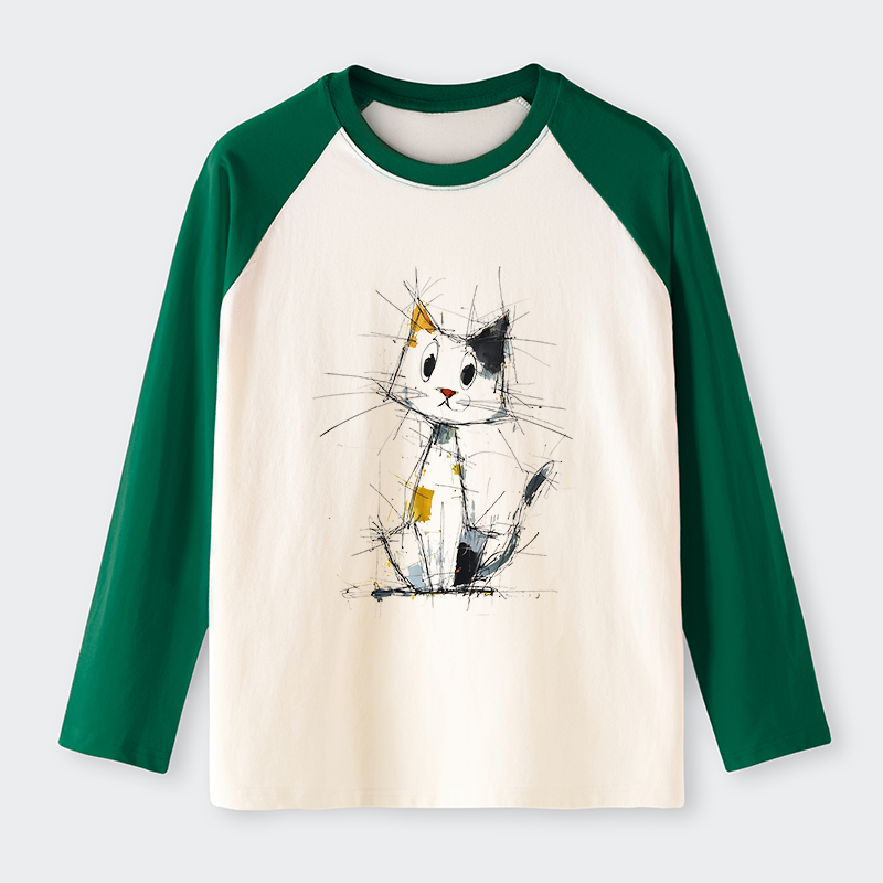 Tokyo-Tiger Minimal Splash Ink Cute Cat Raglan Long Sleeve T-shirt