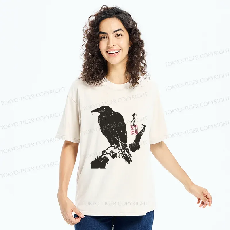 Tokyo-Tiger Crow Ancient Painting Washed T-Shirt