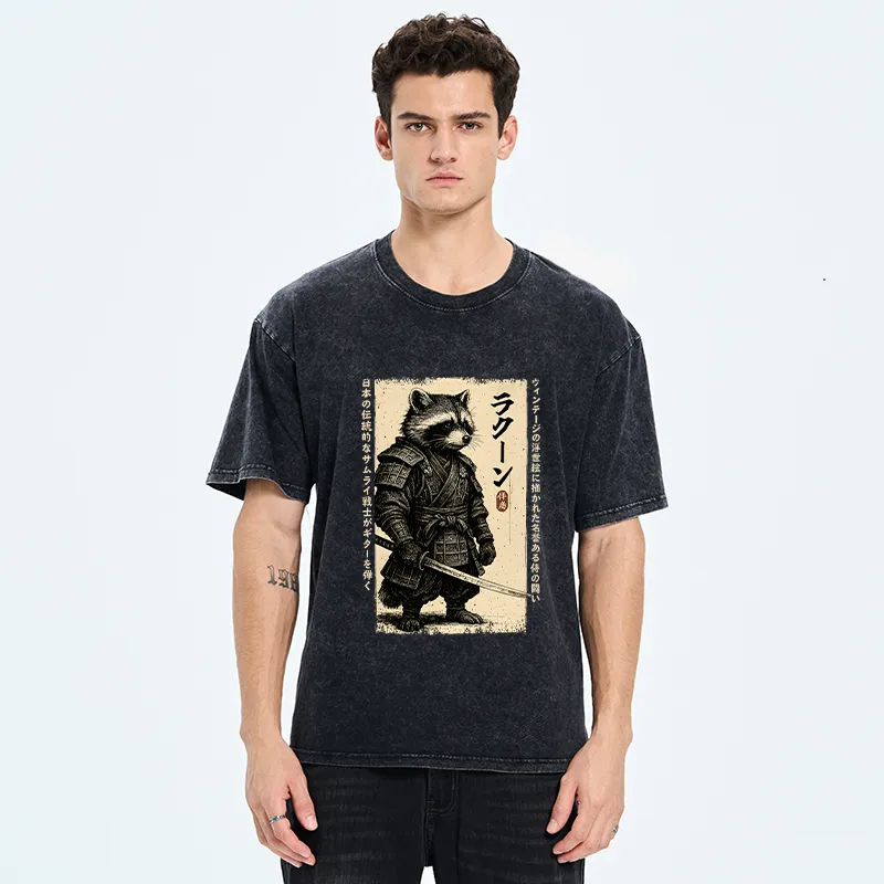 Tokyo-Tiger Raccoon Japanese Samurai Washed T-Shirt