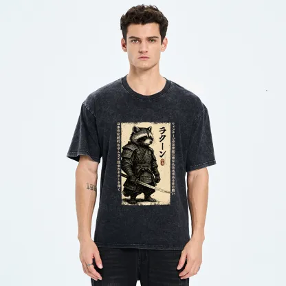 Tokyo-Tiger Raccoon Japanese Samurai Washed T-Shirt