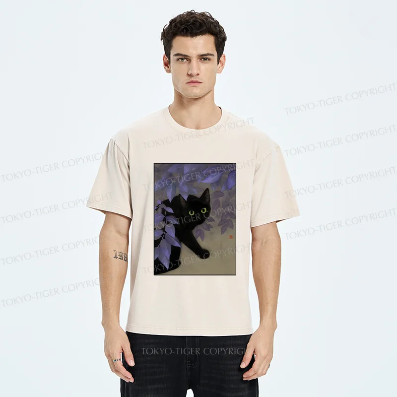 Tokyo-Tiger Cat Under The Flowers Washed T-Shirt