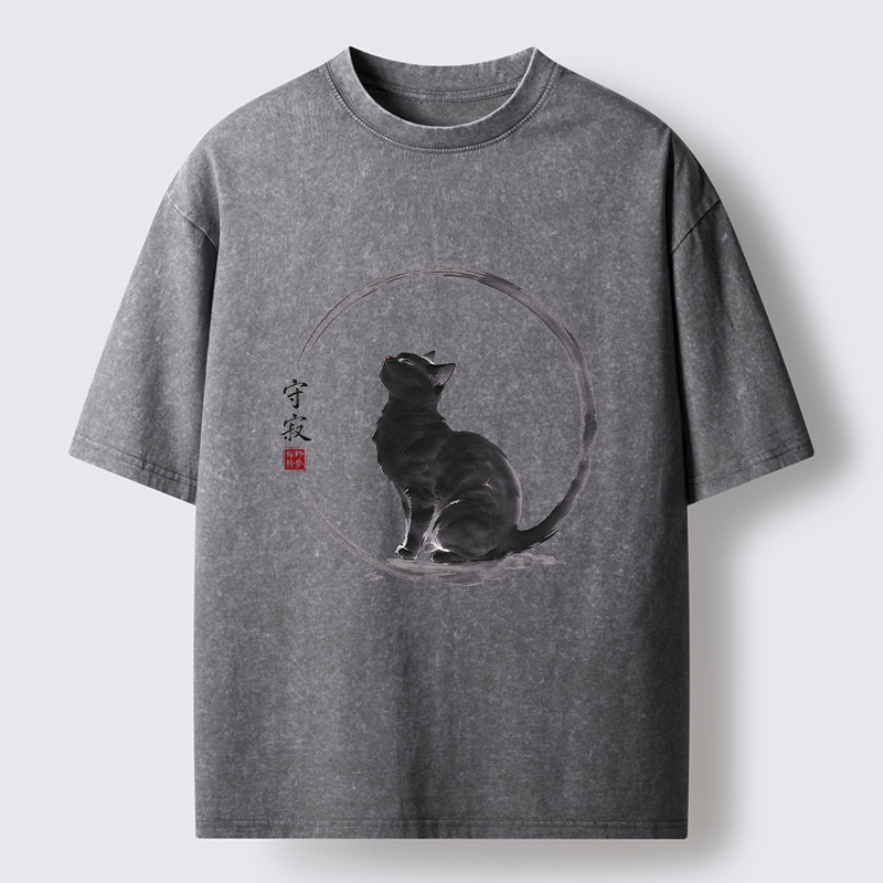 Tokyo-Tiger Traditional Zen Ink Cat Washed T-Shirt