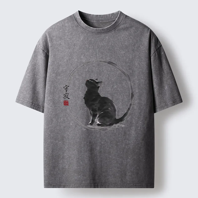 Tokyo-Tiger Traditional Zen Ink Cat Washed T-Shirt