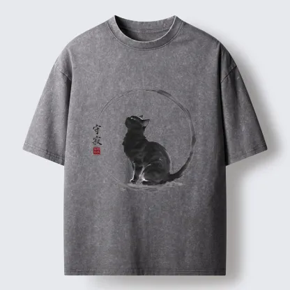 Tokyo-Tiger Traditional Zen Ink Cat Washed T-Shirt