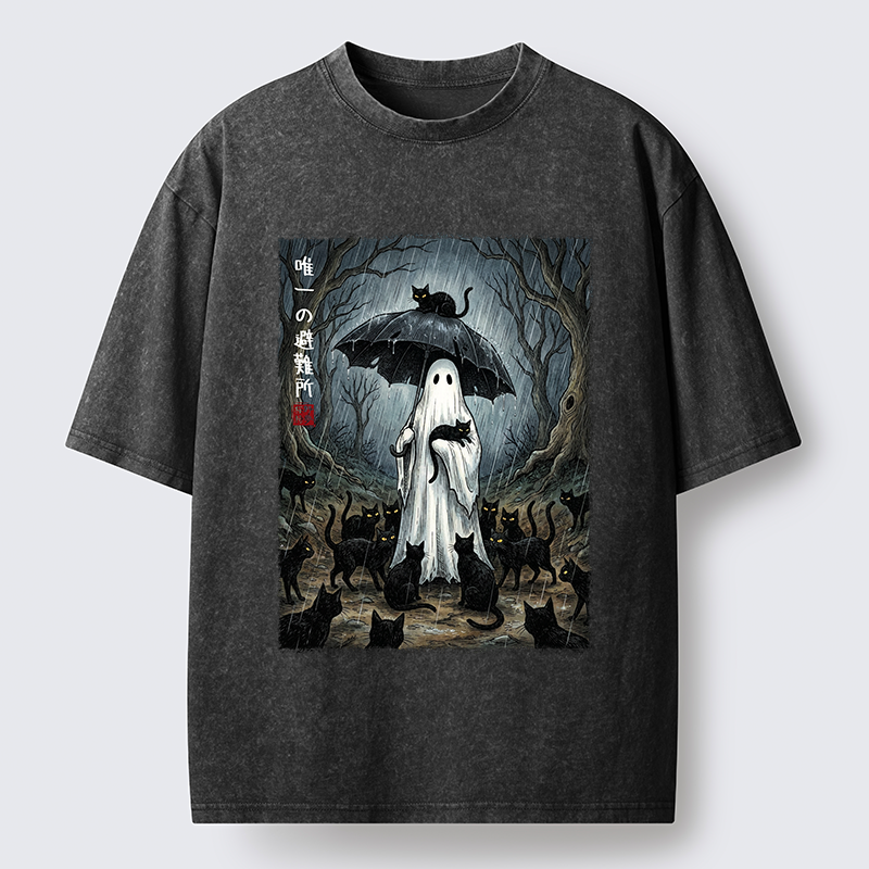 Tokyo‑Tiger Ghost Cat Shelter Washed T‑Shirt