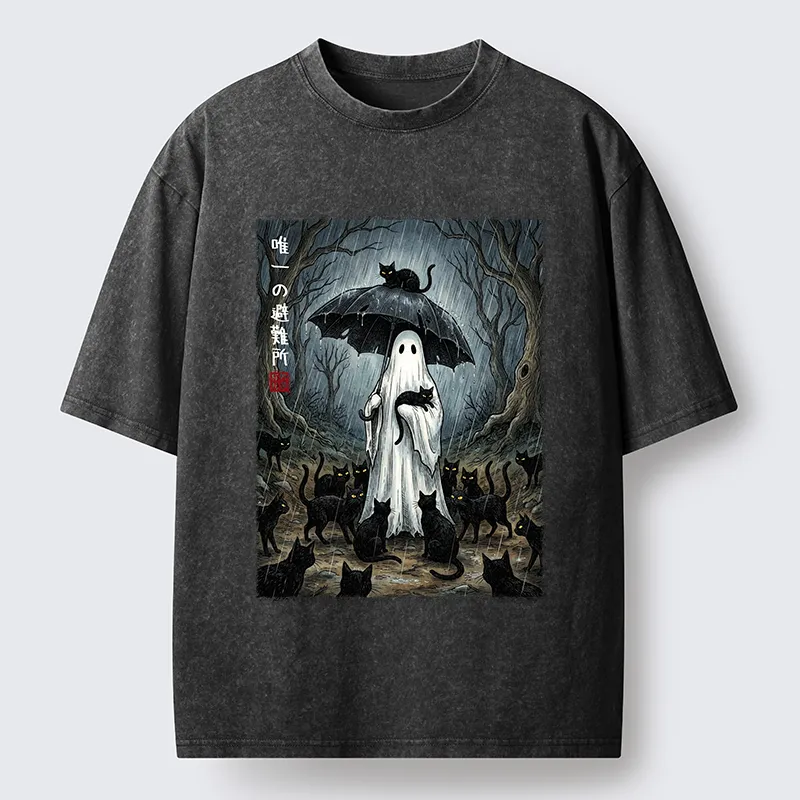 Tokyo‑Tiger Ghost Cat Shelter Washed T‑Shirt