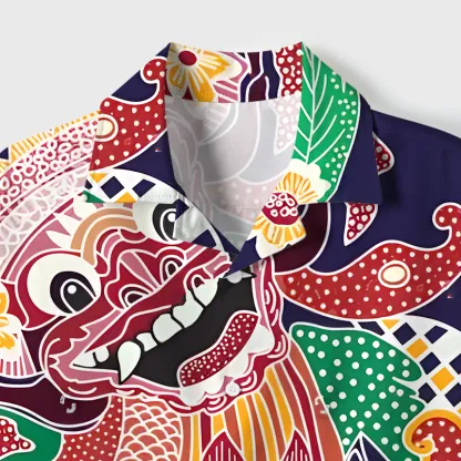 Tokyo-Tiger Japanese Demon Mask Cuban Collar Shirt