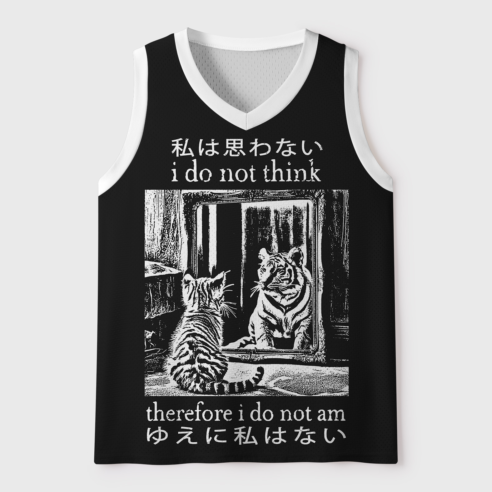 Tokyo-Tiger Contemplating Cat Woodcut Mesh Tank Top