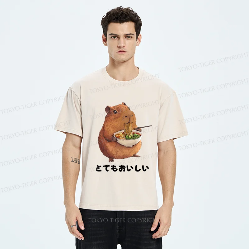 Tokyo-Tiger Capybara Eating Japanese Ramen Washed T-Shirt