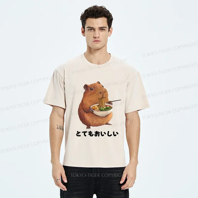 Tokyo-Tiger Capybara Eating Japanese Ramen Washed T-Shirt