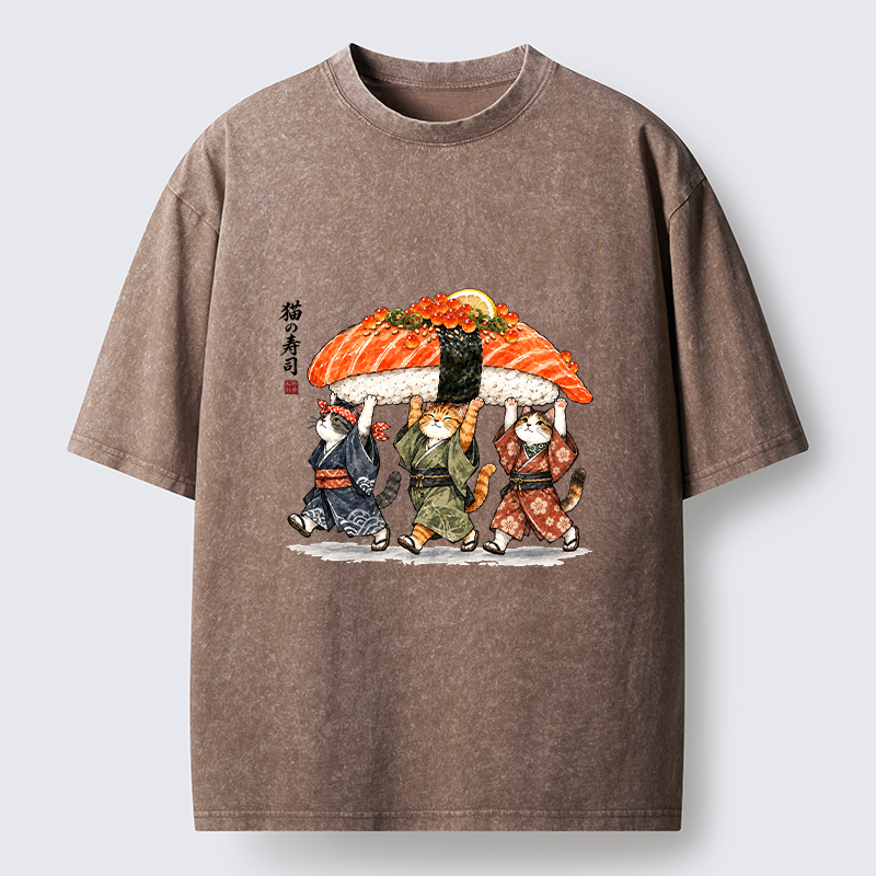 Tokyo-Tiger Funny Sushi Cat Crew Washed T-Shirt