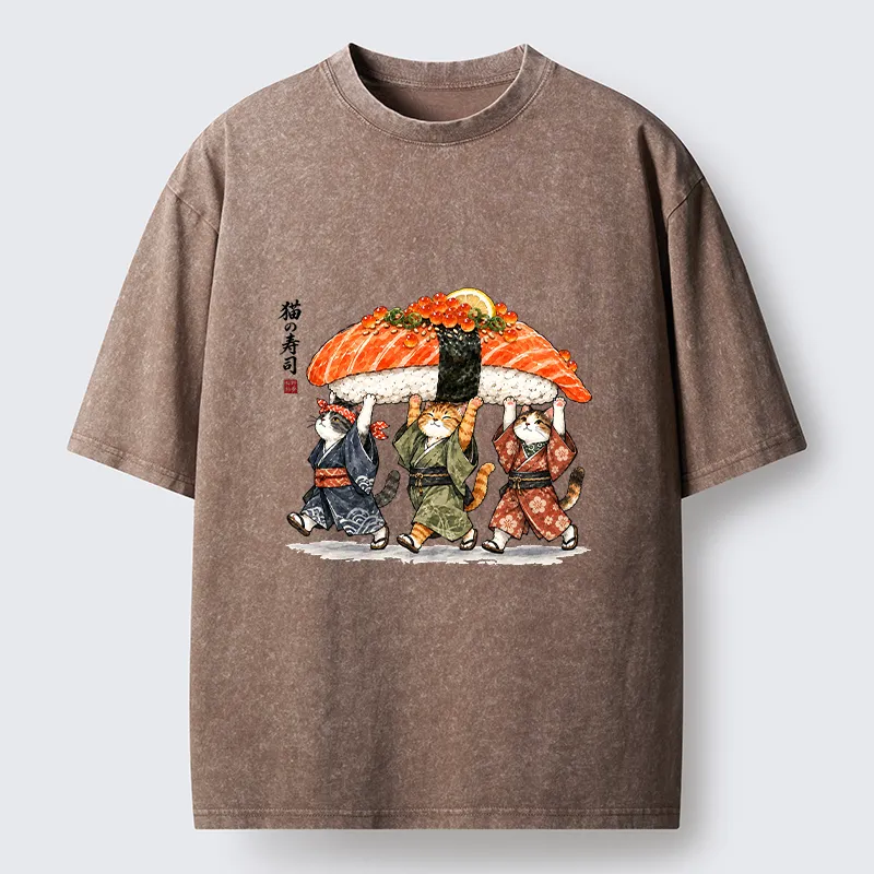 Tokyo-Tiger Funny Sushi Cat Crew Washed T-Shirt