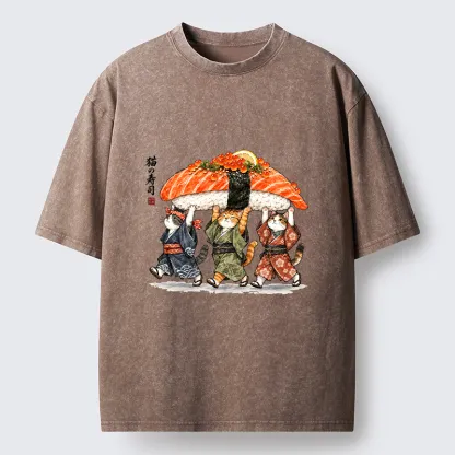 Tokyo-Tiger Funny Sushi Cat Crew Washed T-Shirt
