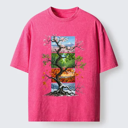 Tokyo-Tiger Nature Four Seasons Tree Art Washed T-Shirt