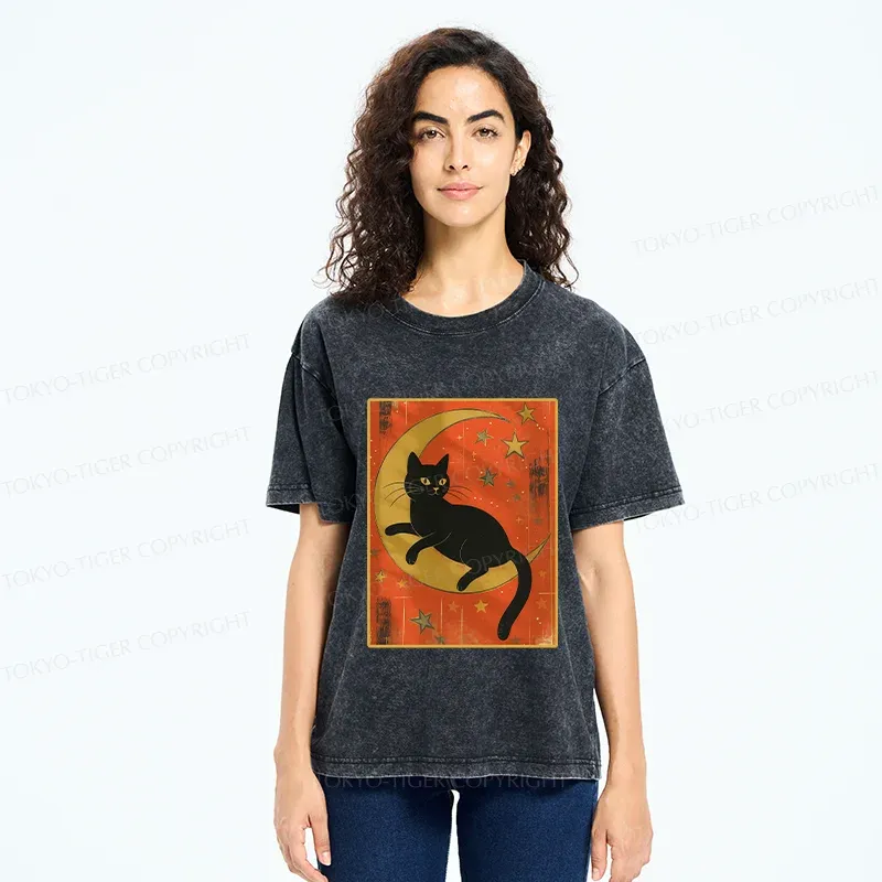 Tokyo-Tiger Black Cat On The Moon Washed T-Shirt