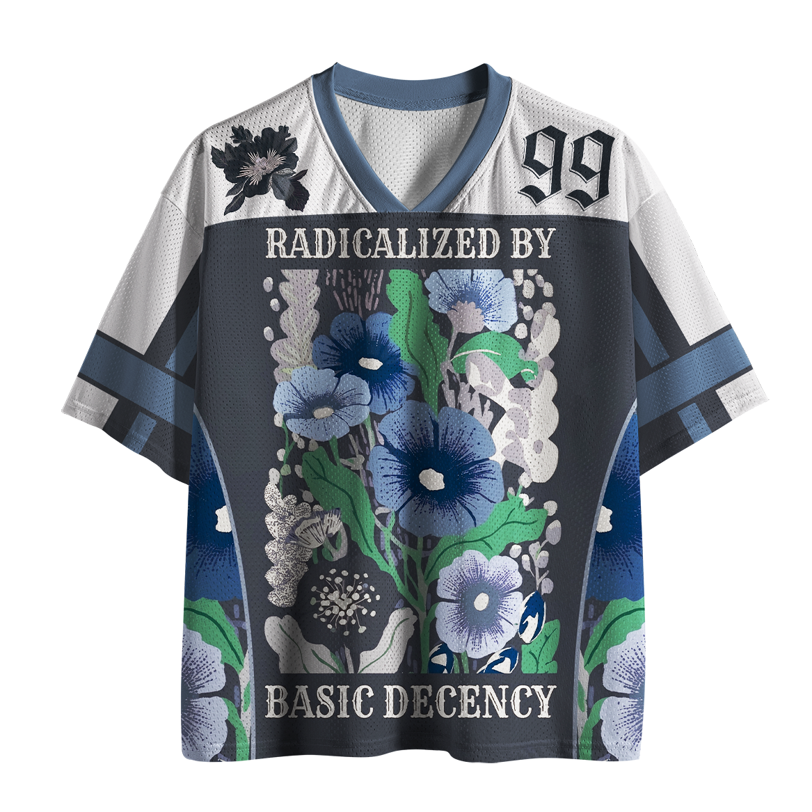 Tokyo-Tiger Radicalized By Basic Decency Blue Floral Mesh Jersey