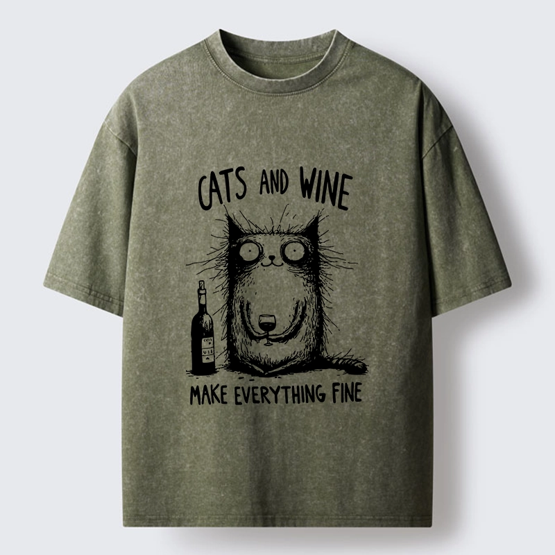 Tokyo‑Tiger Cats And Wine Washed T‑Shirt