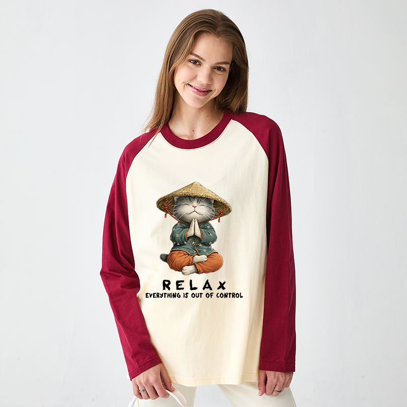Tokyo-Tiger Zen Relax Cat Graphic Raglan Long Sleeve T-shirt