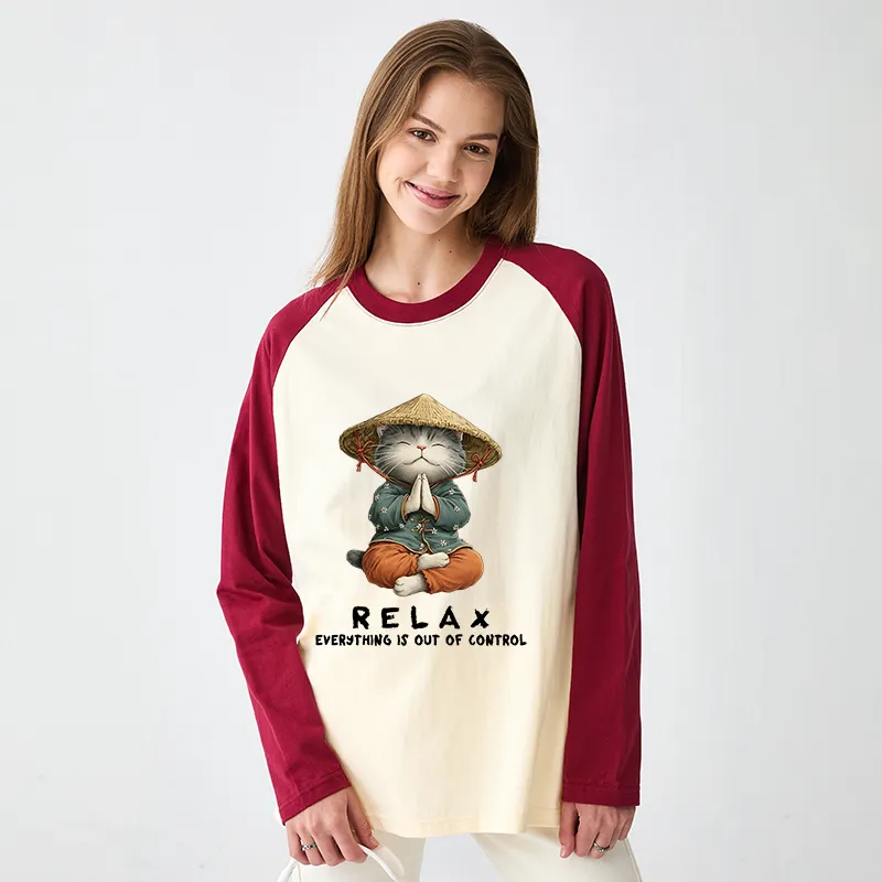 Tokyo-Tiger Zen Relax Cat Graphic Raglan Long Sleeve T-shirt