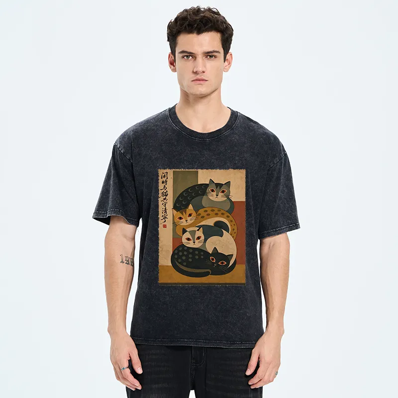 Tokyo-Tiger Retro Stack Cat Art Washed T-Shirt