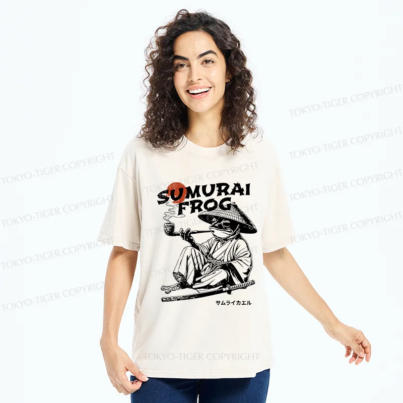 Tokyo-Tiger Samurai Frog Funny Washed T-Shirt