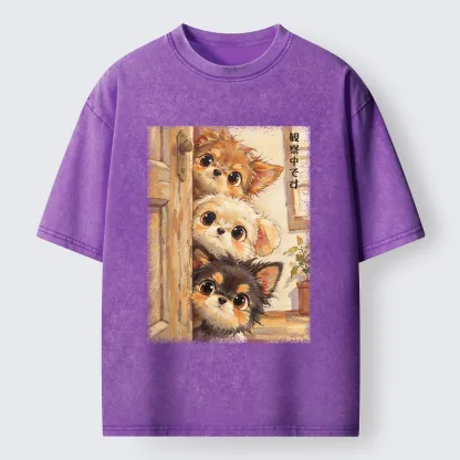 Tokyo-Tiger Puppies Are Peeking At You Washed T-Shirt