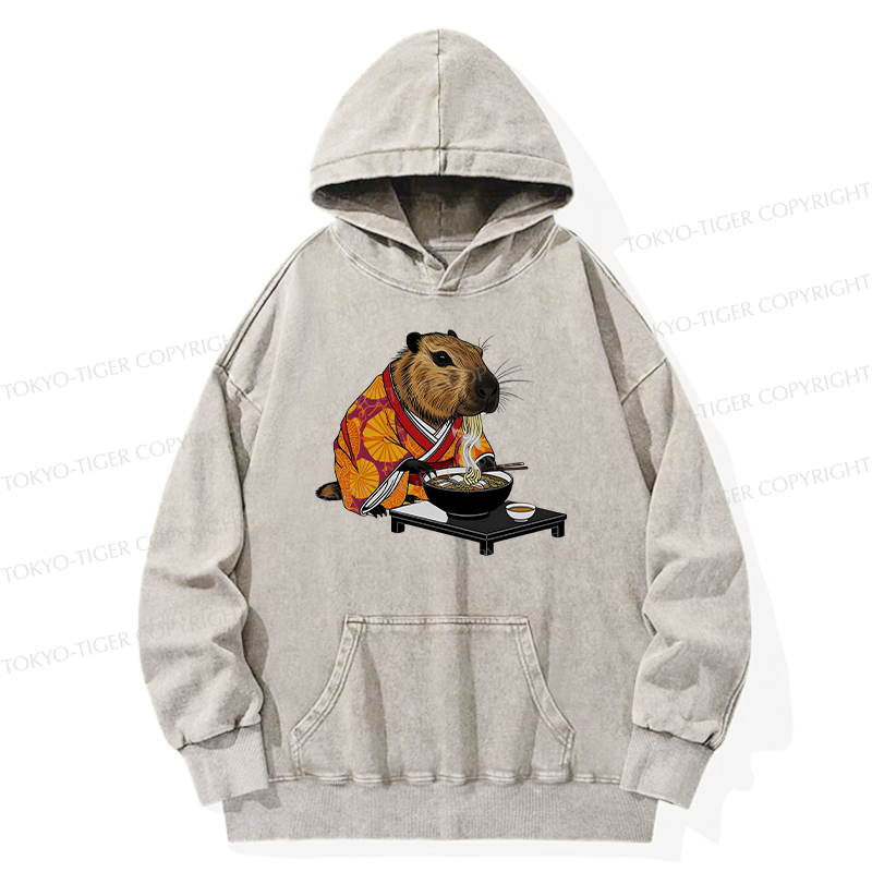 Tokyo-Tiger Cute Capybara Eating Ramen Washed Hoodie