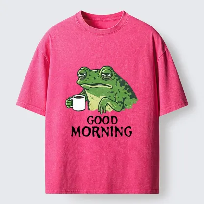 Tokyo-Tiger Morning Coffee Frog Meme Washed T-Shirt