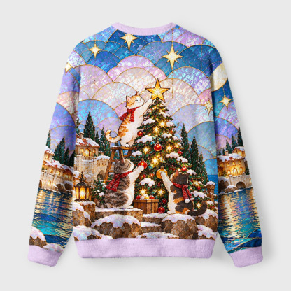 Tokyo-Tiger Stained Glass Holiday Cats Fuzzy Christmas Ugly Sweatshirt