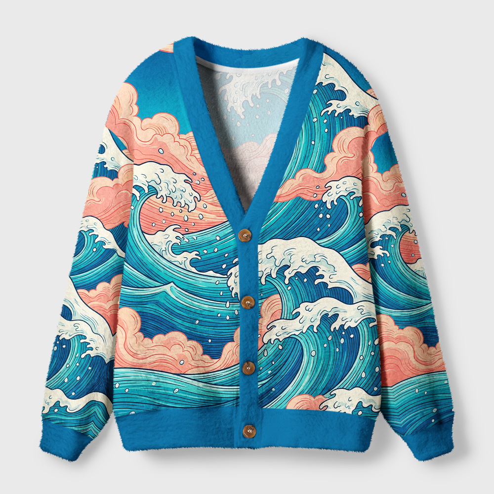 Tokyo-Tiger Ukiyo‑e Tides Ugly Cardigan Sweater