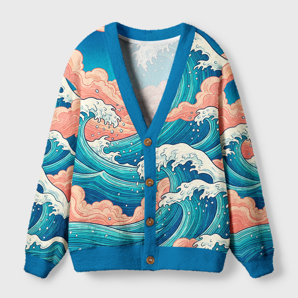 Tokyo-Tiger Ukiyo‑e Tides Ugly Cardigan Sweater