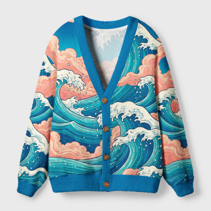 Tokyo-Tiger Ukiyo‑e Tides Ugly Cardigan Sweater