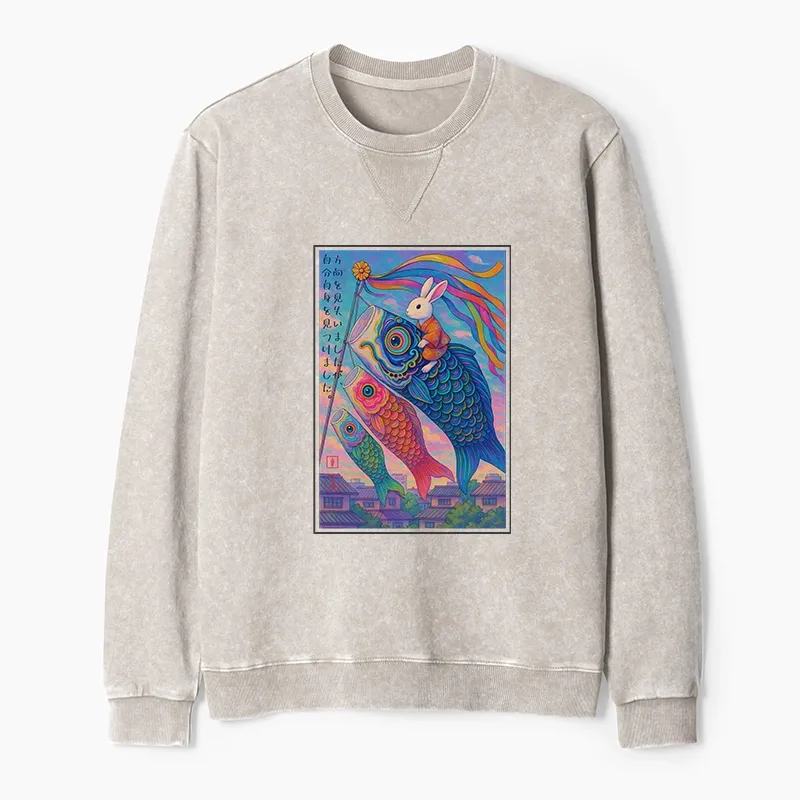 Tokyo-Tiger Ukiyoe Rabbit Ride Carp Streamer Poster Washed Terry Sweatshirt