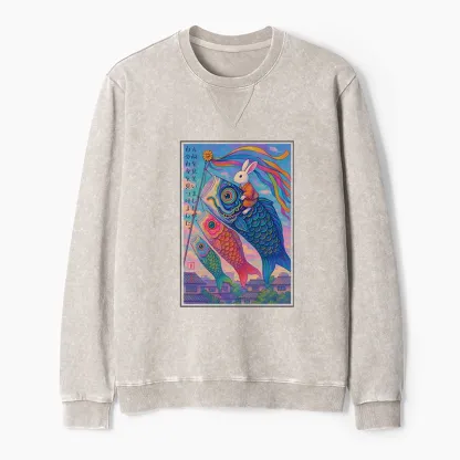Tokyo-Tiger Ukiyoe Rabbit Ride Carp Streamer Poster Washed Terry Sweatshirt