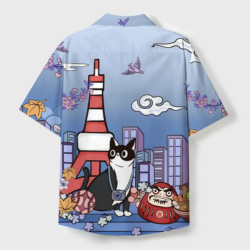 Tokyo-Tiger Tokyo Tower Landscape With Cat Cuban Collar Shirt