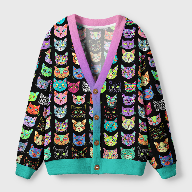 Tokyo-Tiger Colorful Pop Art Cat Faces Ugly Cardigan Sweater