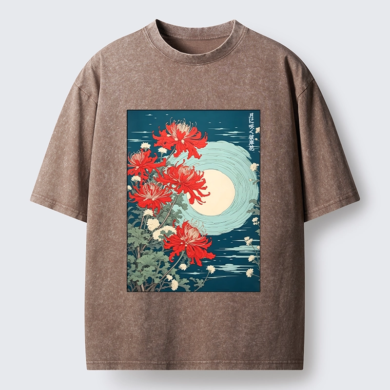 Tokyo‑Tiger Moon Red Spider Lily Washed T‑Shirt