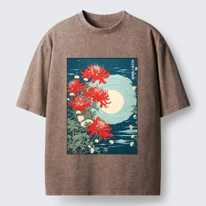 Tokyo‑Tiger Moon Red Spider Lily Washed T‑Shirt