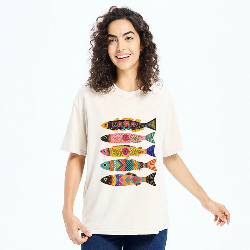Tokyo-Tiger Colorful Patterned Fish Washed T-Shirt