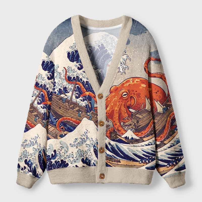 Tokyo-Tiger Japanese Sea Monster Octopus Vintage Wave Ugly Cardigan Sweater