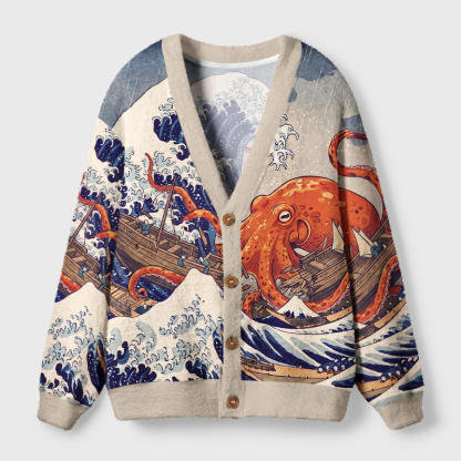 Tokyo-Tiger Japanese Sea Monster Octopus Vintage Wave Ugly Cardigan Sweater