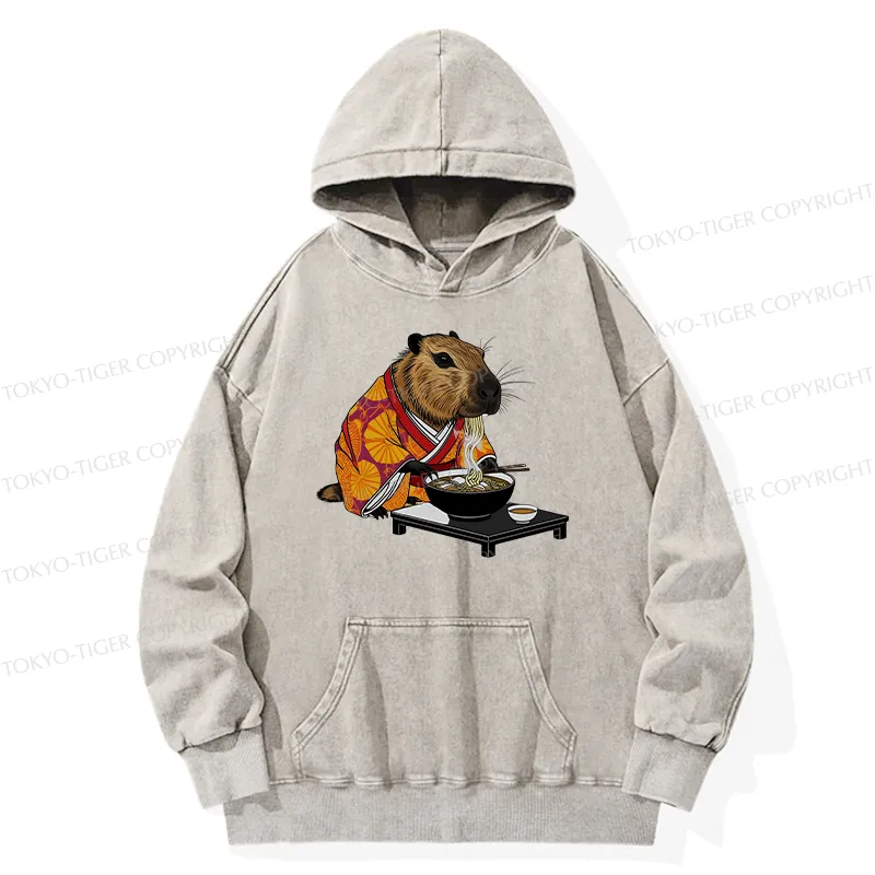 Tokyo-Tiger Cute Capybara Eating Ramen Washed Hoodie