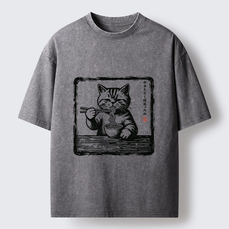 Tokyo‑Tiger Ramen Eating Cat Washed T‑Shirt