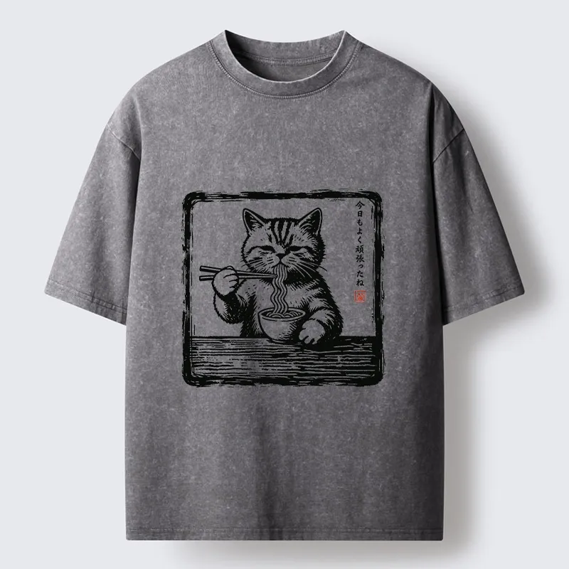 Tokyo‑Tiger Ramen Eating Cat Washed T‑Shirt